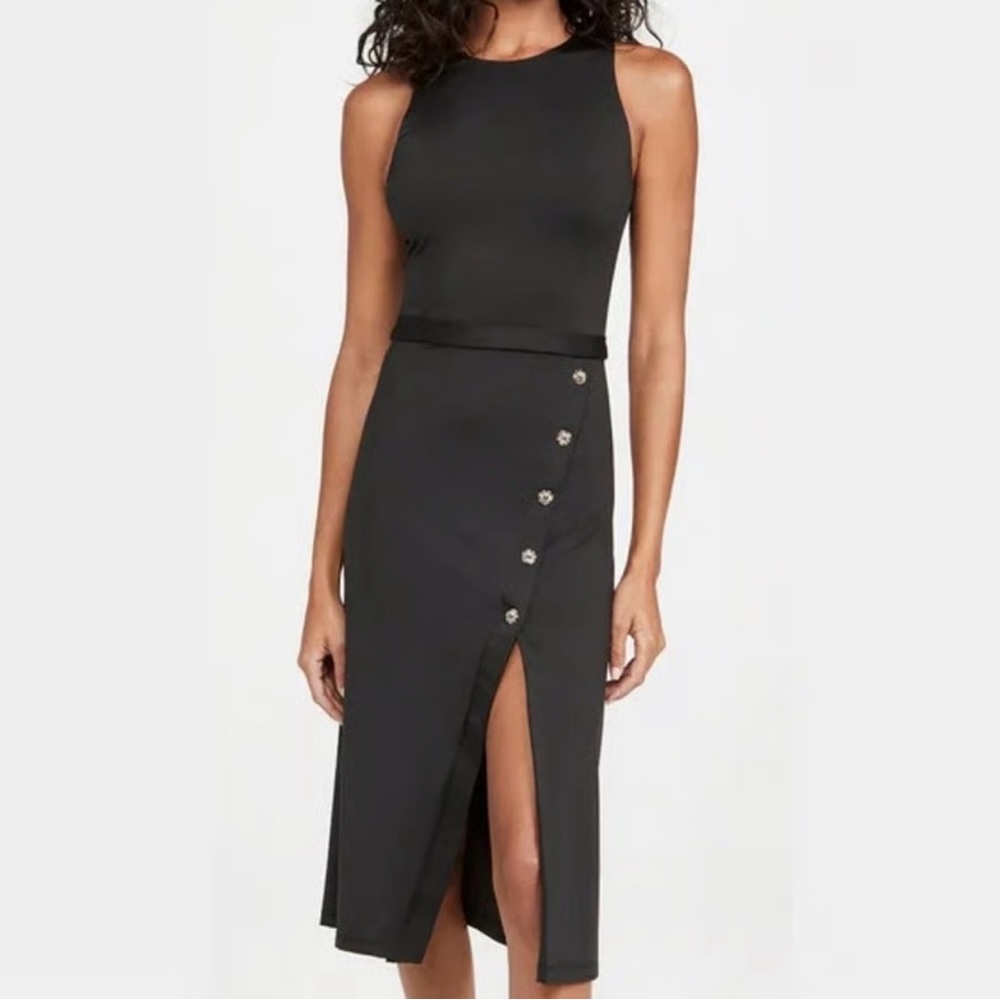 Black Halo Sleeveless Black Midi Dress with Asymmetric Button Placket